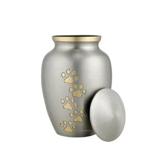Silver gold pet urn, golden paw print memorial urn for dog or cat ashes.