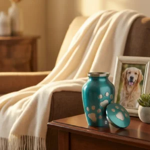 Open turquoise pet keepsake urn, showcasing the threaded opening and shallow interior for a small amount of ashes, with the matching lid displayed beside it.