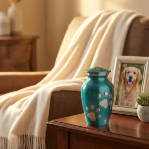 Turquoise metal pet keepsake urn with etched silver paw print design, displayed next to a framed Golden Retriever photo in a warm home memorial setting.