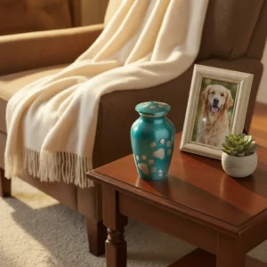 Top-down view of the turquoise pet urn, showing the dome lid and paw print etching, with a framed photograph of a dog visible in the soft background.