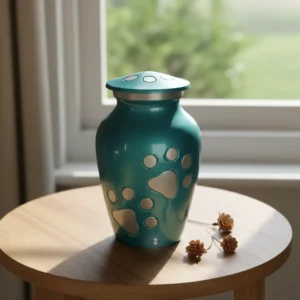 Vibrant turquoise pet keepsake urn with paw prints, placed on a wooden table beside a vase of white flowers, with a bright window in the soft-focus background.