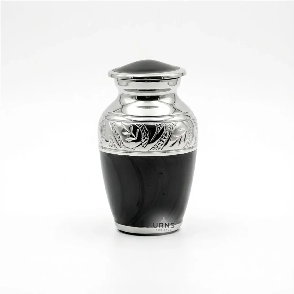 Black Elegance Keepsake Urn, a 3-inch small black cremation urn with silver engravings for sharing ashes.
