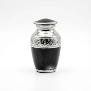 Black Elegance Keepsake Urn, a 3-inch small black cremation urn with silver engravings for sharing ashes.