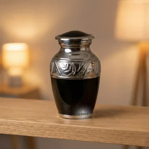 Black Elegance Keepsake Urn, closed, resting on a light oak shelf in a warm, comforting interior setting with soft lamps in the background.
