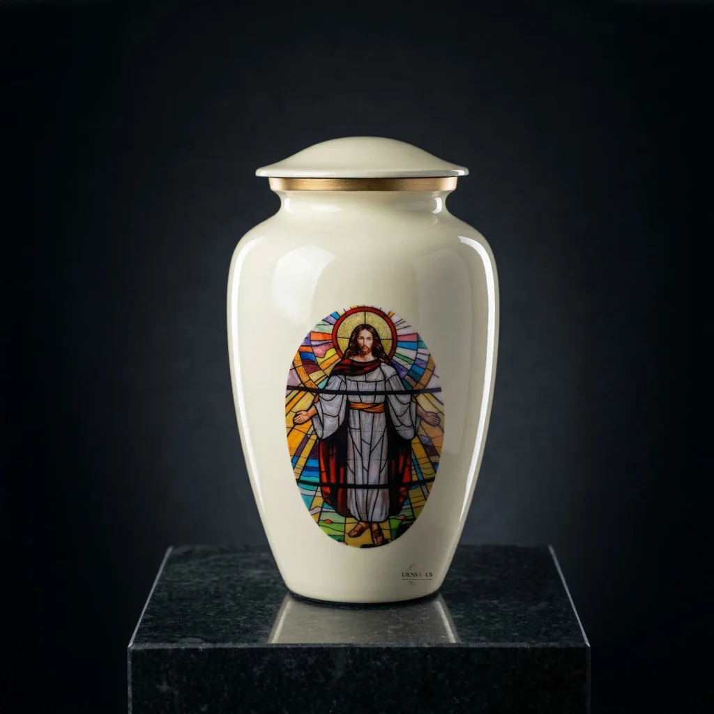 A cream-colored cremation urn featuring an oval stained-glass style illustration of Jesus Christ with outstretched arms, set against a dark studio background on a granite pedestal.