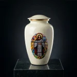 White Cremation Urn for Ashes with Jesus by Stained Glass