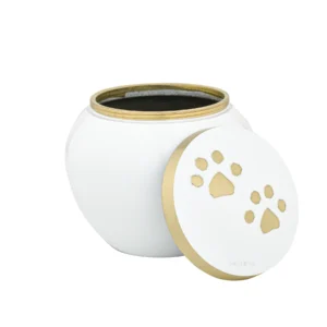 White brass pet memorial urn with lid open, showing interior and golden paw print on lid, for dog and cat cremation ashes.