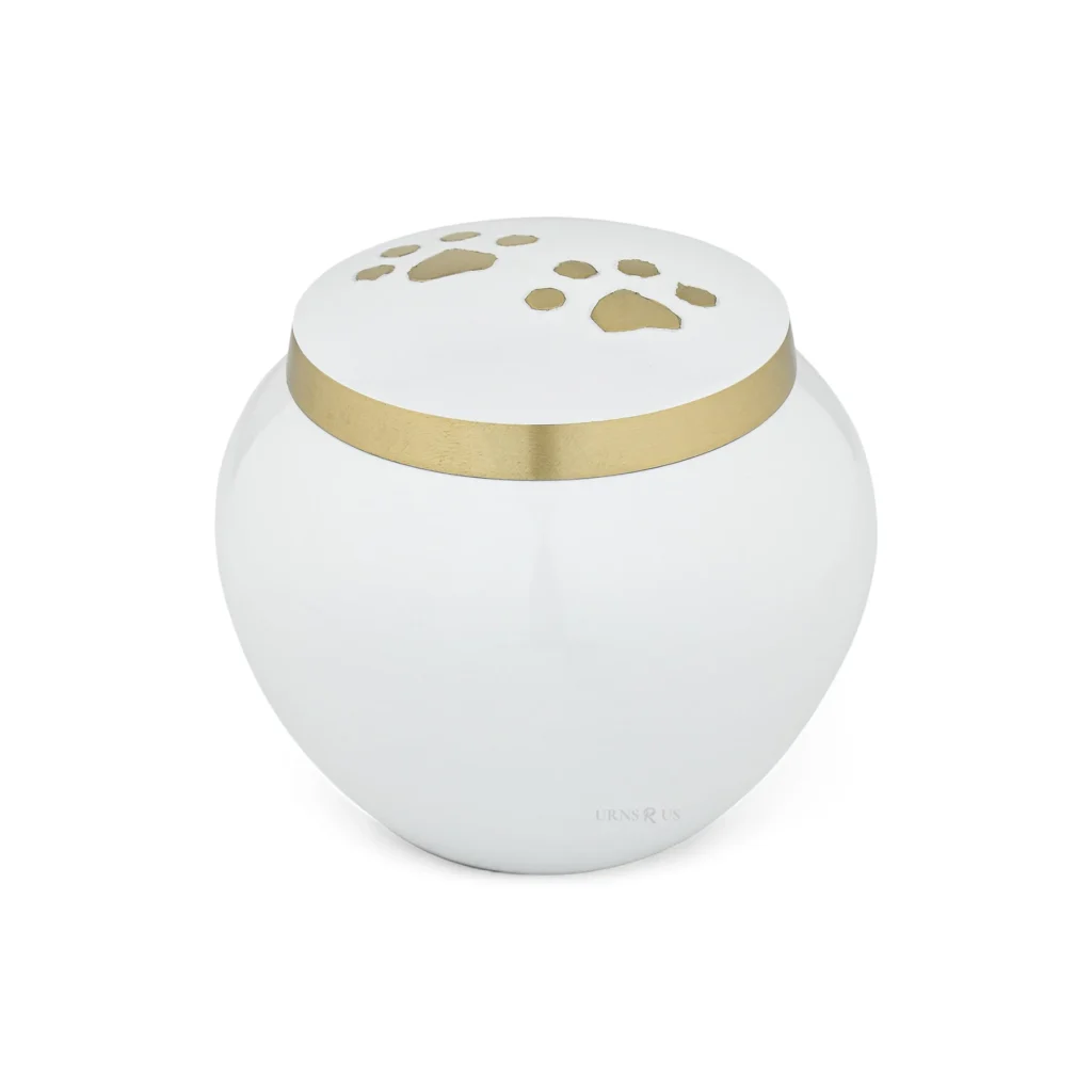 White brass pet memorial urn with golden paw print on the lid, for dog and cat cremation ashes.