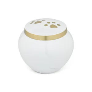 White brass pet memorial urn with golden paw print on the lid, for dog and cat cremation ashes.