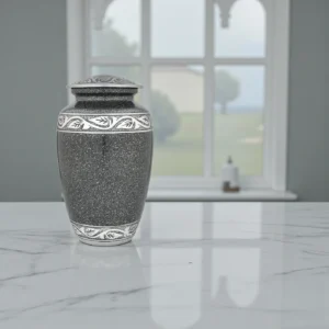 A beautiful affordable urn for human ashes, the Eternal Laska adult urn in cream-white with hand-etched silver bands.