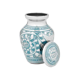 Going Back Home Sharing Urn for ashes, shown with its hand-etched silver lid resting beside the small urn.