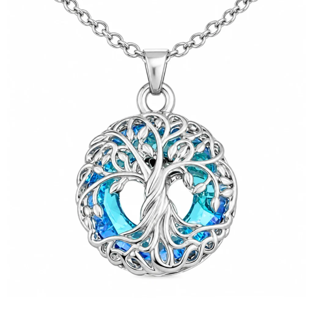 Tree of life cremation urn necklace, blue crystal pet ashes pendant