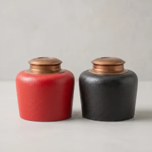 Modern Black Red Ceramic Cremation Urn with Copper Lid Memorial