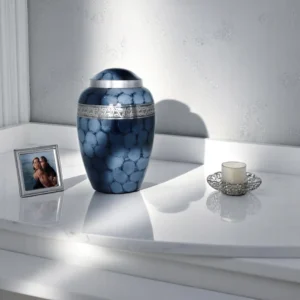 Blue Funeral Urn with Silver Detailing - Adult Size