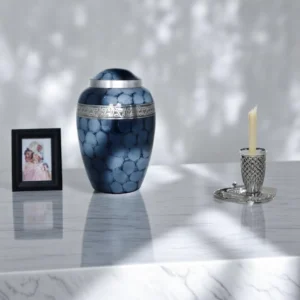 Blue and Silver Engraved Urn for Funeral and Memorial