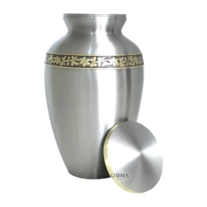 Minimalist brushed silver urn for ashes with floral detail