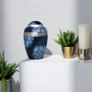 Premium Blue Cremation Urn with Silver Floral Band