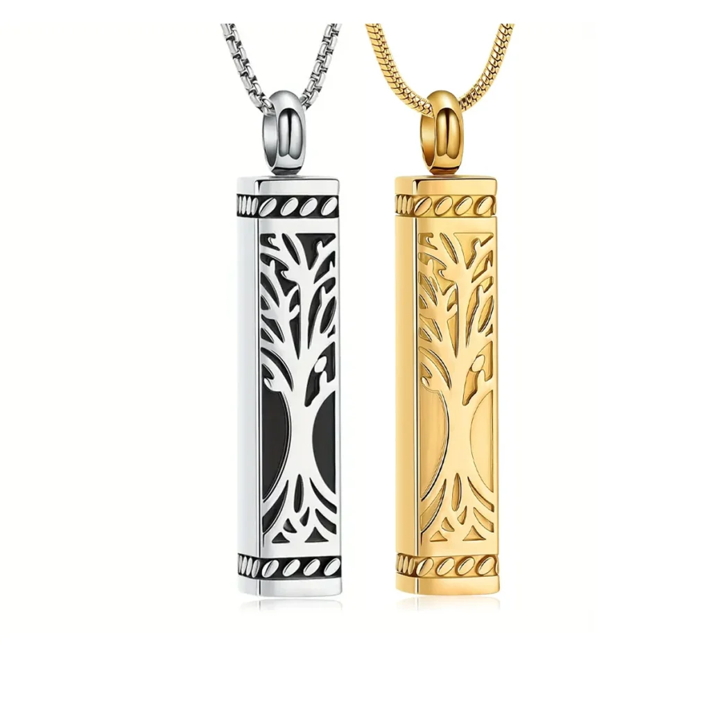 Elegant Tree of Life Pendant Necklace - Stainless Steel Rectangular Ash Holder, Perfume Vial Memorial Jewelry Gift - Silver and Gold
