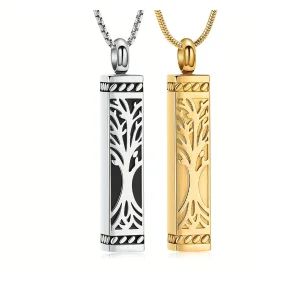 Elegant Tree of Life Pendant Necklace - Stainless Steel Rectangular Ash Holder, Perfume Vial Memorial Jewelry Gift - Silver and Gold
