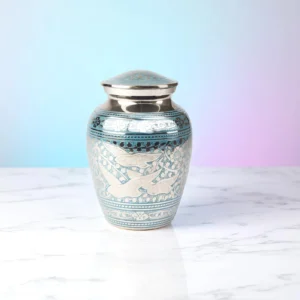 Small silver and blue cremation urn with dove engravings – Dove Whisper memorial urn for ashes