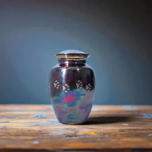 Beautiful crimson brass pet cremation urn with engraved paw prints