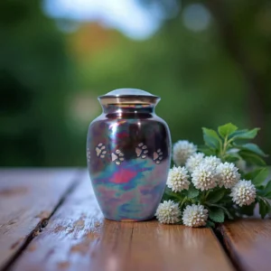 Elegant crimson brass pet urn with paw print design