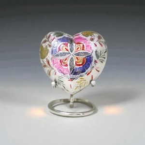 Floral mosaic heart keepsake urn, engraved multi-color satori pattern, cremation ashes.