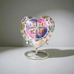 Engraved floral mosaic heart urn, multi-color satori design, keepsake for ashes.