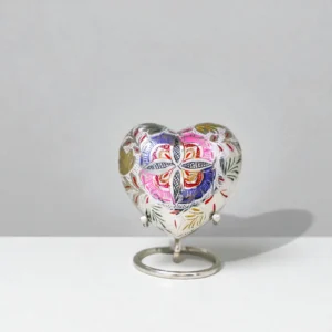 Satori heart keepsake urn, floral mosaic, small cremation urn, vibrant colors.