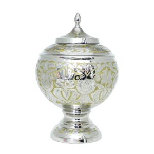 Ornate floral brass cremation urn, intricate etched design, full-size memorial for ashes.