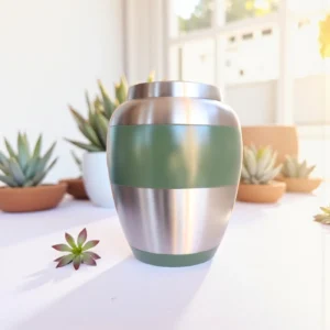 Sage green and silver brass keepsake urn in a sunlit window setting with succulent plants, modern memorial.