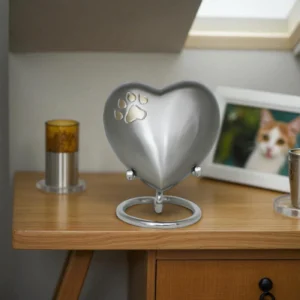 Brass heart keepsake with golden paw print for pet remembrance