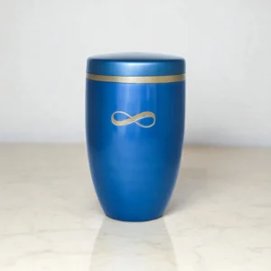 Front view of Aroha Infinity Blue Cremation Urn with infinity symbol – adult memorial urn