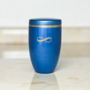 Blue adult cremation urn with gold infinity symbol – Aroha Collection