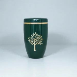 Aroha Tree of Life Green Cremation Urn displayed in decorative memorial setting