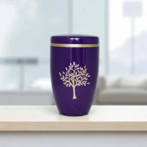 roha Tree of Life Violet Cremation Urn with gold tree design on elegant background