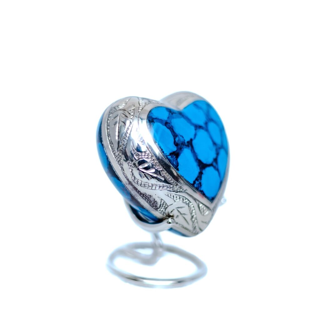 Blue & Silver Heart Brass Keepsake Urn – Elegant Memorial for Ashes