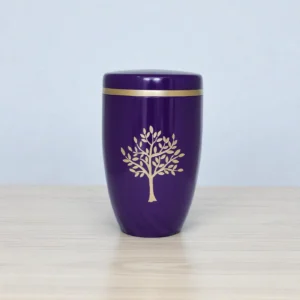 Aroha Violet Cremation Urn with gold band and Tree of Life design – memorial urn