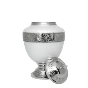 White brass cremation urn with silver floral engraving and pearl finish