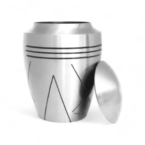 Brushed brass cremation urn with lid removed, showing interior compartment, minimalist design