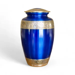 Front view of regal blue brass cremation urn, ornate gold pattern, adult ashes container, best value Australia.