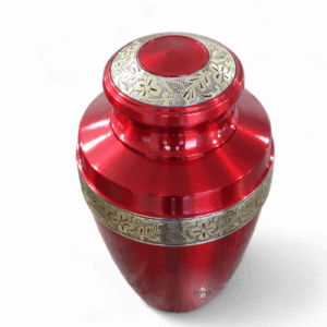 Red and gold ornate brass cremation urn, adult size, best value funeral ashes container Australia.