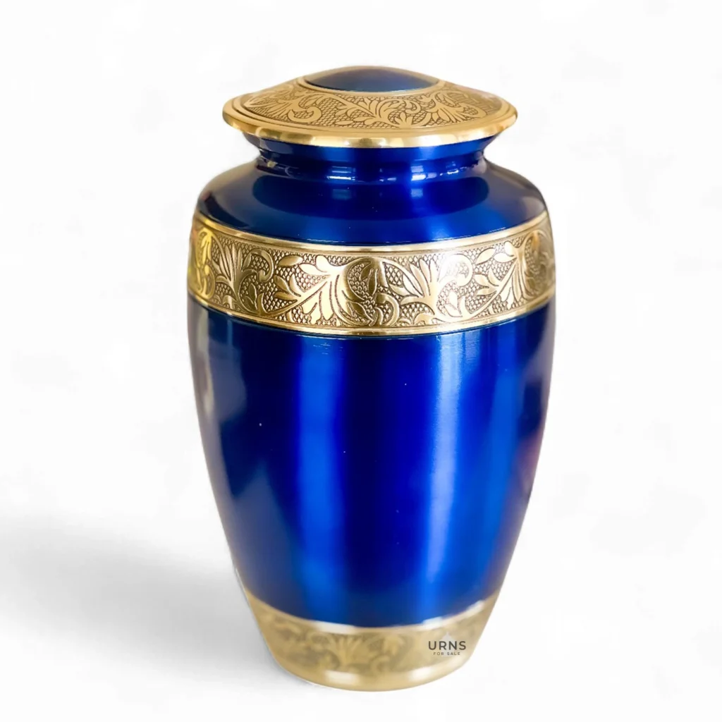 Front view of regal blue brass cremation urn, ornate gold pattern, adult ashes container, best value Australia.