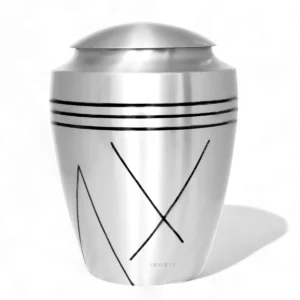 Modern silver cremation urn, exclusive Houhanga design, unique shape for ashes.