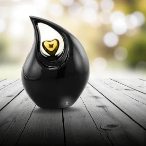 Black Timeless Heart Cremation Urn for Human Ashes with Golden Heart Detail | Modern Memorial Urn