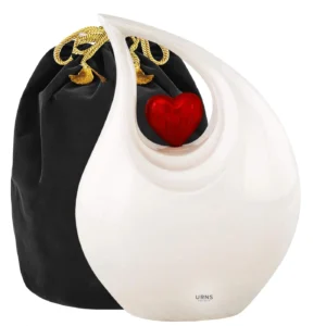 White Timeless Heart Cremation Urn with Gold Heart and Velvet Bag | Elegant Memorial Urn for Ashes