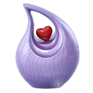 Elegant purple heart cremation urn with red heart centerpiece for ashes