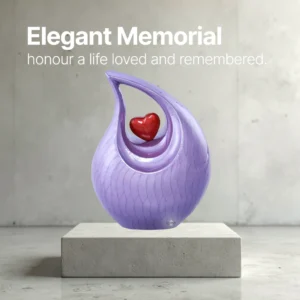 Purple Timeless Heart Cremation Urn on Marble Slab | Elegant Memorial with "Honor a Life Loved and Remembered" Text