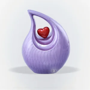 Minimalist Purple Timeless Heart Cremation Urn with Red Heart, featuring a subtle shadow effect