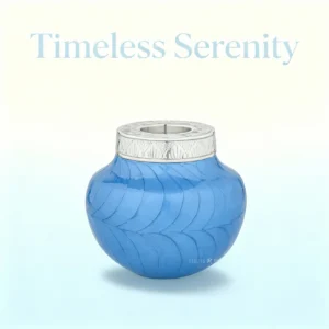 Ample Serenity Blue Candlelight Child Urn on a soft, blurred background with "Timeless Serenity" text visible.